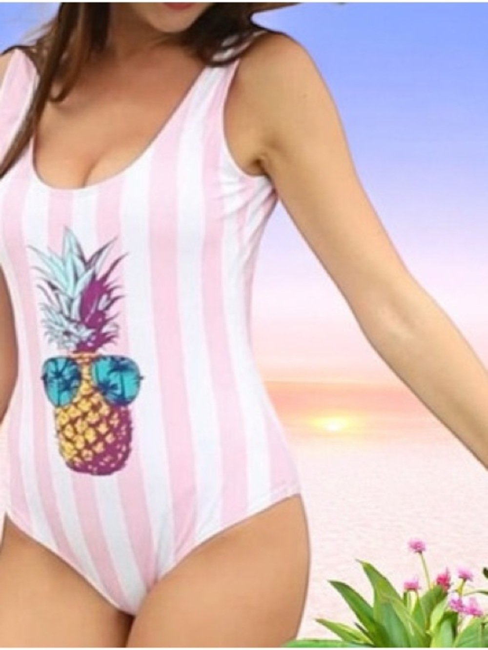 Amazon Women's Pink & White Striped One-Piece Swimsuit with Pineapple Graphic